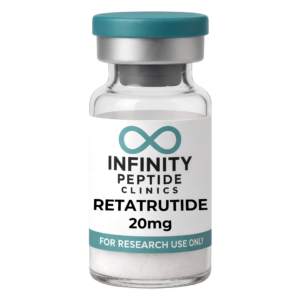 Retatrutide GLP-1 research peptide vial side view from Infinity Peptide Clinic